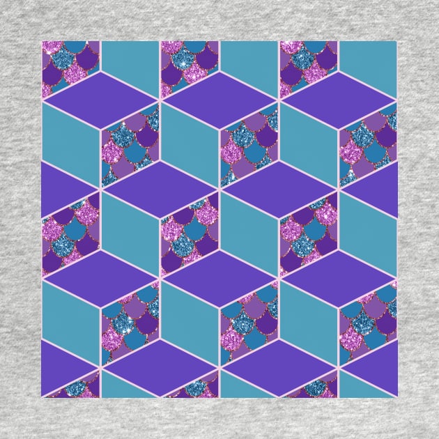 Mermaid Scale Purple and Teal Cubed Geometric Pattern by SeaChangeDesign